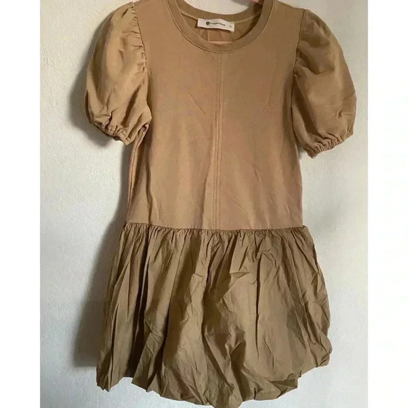 Impeccable Pig Mix Media Bubble Hem Puff Sleeve Tan Mini Coquette Party Dress S - Picture 2 of 11